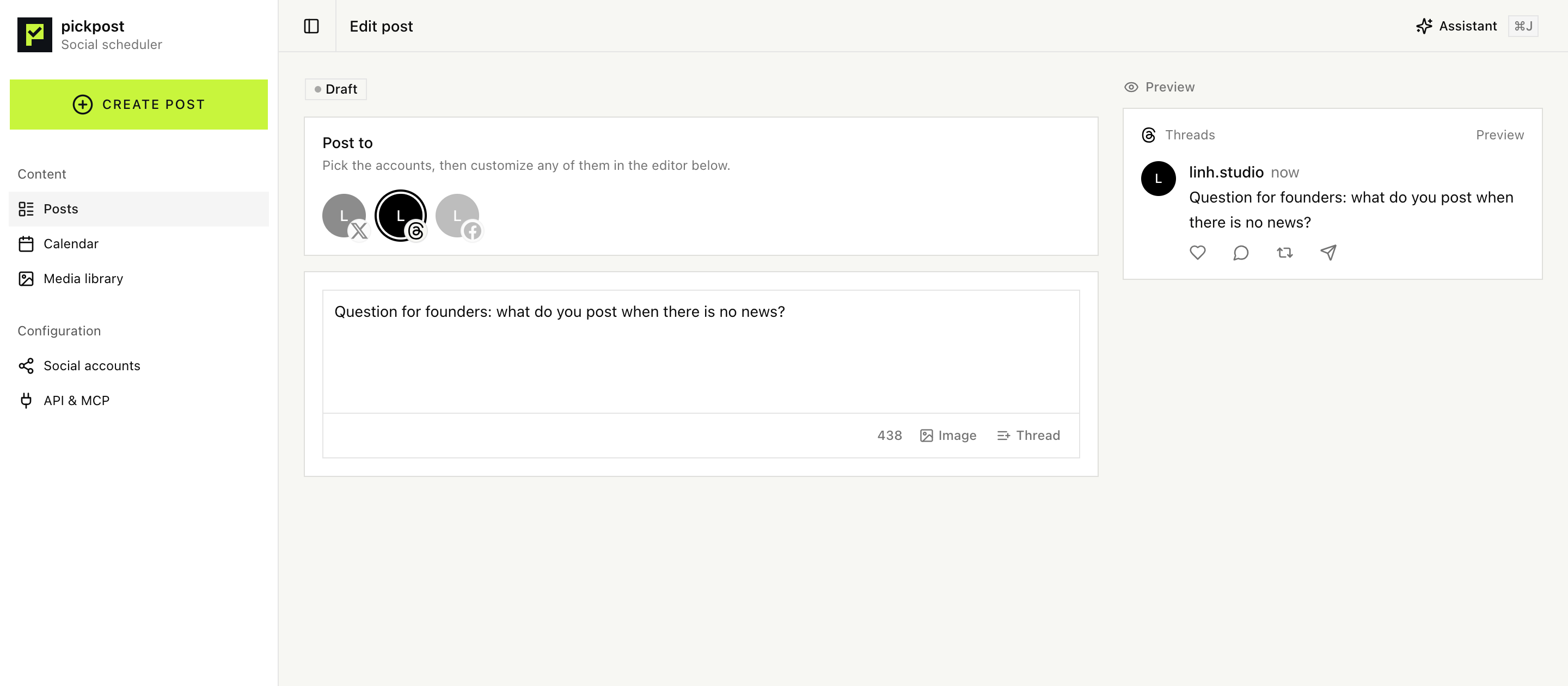Pickpost composer with a post for Threads and its preview